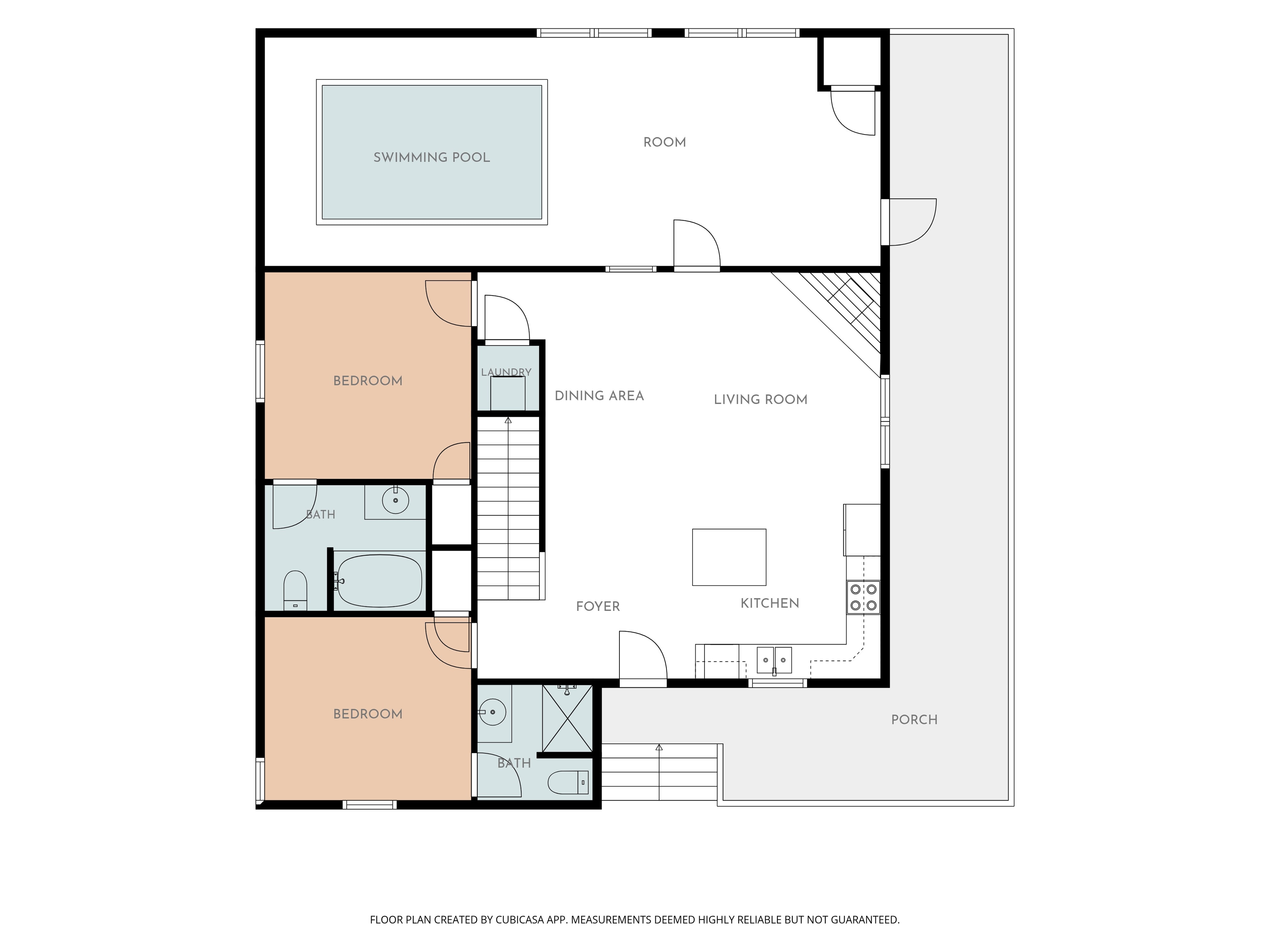 1st floor floor plan showing swimming pool, bedrooms, living room, kitchen, and porch